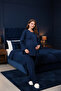 Navy Blue Double-Breasted Ruffled Design Long Sleeve Cotton Maternity Pajama Set - 2
