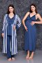 Navy Blue Striped Strap Maternity Nightgown-Dressing Gown and Pajama Set Set of 4 - 3
