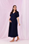 Navy Blue Ribbon Detailed Maternity Nightgown with Breastfeeding Features - 3
