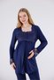 Navy Blue Long Sleeve Cotton Full Length Maternity Pajamas Set with Lace on Sleeves and Collar, 3-Piece Pajama Set - 6