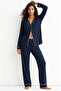 Navy Blue Shirt Collar Buttoned Ribbed Long-Sleeved Viscose Loose-Fit Pajama Set7829