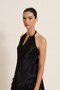 Black Satin Collared Blouse with Window Detail and Accessory Detail on the Strap - 3