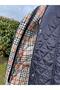 Women's Large Size Plaid 95 Cm Seasonal Navy Blue Quilted Coat 1040 - 4