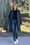 Women's Large Size Plaid 95 Cm Seasonal Navy Blue Quilted Coat 1040