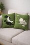 Green Sun & Moon Patterned Micropetek Fabric Cushion Cover Set of 2 (43X43 cm)