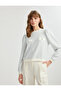 Long Balloon Sleeve Applique Detail Crew Neck Striped Sweatshirt