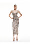 Long Slip Draped Leopard Dress with Peplum Neckline and Straps - 2