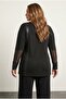 Large Size Faux Leather Detailed Mesh Sleeve Slit Blouse302671 - 6