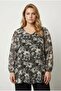 Plus Size Long Sleeve Pleated V-Neck Lycra Lined Viscose Tulle Blouse 303115
