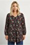 Plus Size Long Sleeve V Neck Front Pleated Floral Print Blouse 303720 - 4