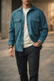 Men's Petrol Blue Comfortable Fit Sports Jacket with Flap, Double Pockets and Snap Fasteners