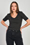 Women's Deep V-Neck Short Sleeve Bodysuit - Black - 3