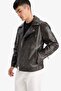 Water-Repellent Slim Fit Slim-Cut Polo Collar Lined Zip-Up Faux Leather Windproof Transitional Jacket F01 - 3