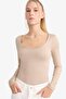 U Neck Long Sleeve Snap Fastener Bodysuit F8042Ax25Au