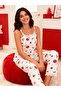 Strawberry Cherry Kitten Pattern Cute Women's Pajama Set Lace Details Bamboo Soft - 2
