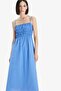 100% Cotton Square Collar Blue Linen Look Gipeli Strap Midi Dress F7070Ax25Sm - 3