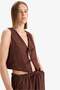 Regular Fit V Neck Tie Crinkle Fabric Sleeveless Blouse F0617Ax25Sm - 3