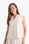 Regular Fit Polo Neck Linen Blend Sleeveless Blouse F0982Ax25Hs - 3