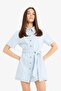 %100 Cotton Polo Neck Buttoned Belted Short Sleeve Mini Jean Dress E1287Ax25Sm - 5