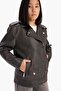 Waterproof Zippered Double Pocket Faux Leather Jacket Coat Girls D6922A825Sp