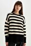 Oversized Wide Fit Crew Neck Slit Striped Knitwear Sweater C9054Ax24Wn