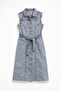 Women's Belted Buttoned Sleeveless Ice Blue Jean Dress - 3