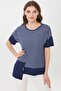Women's Crew Neck Striped Pocketed Combed Cotton T-Shirt Navy Blue - 7