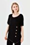 Women's Crew Neck Front Wooden Buttoned Combed Cotton T-shirt Black