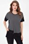 Women's Crew Neck Striped Pocketed Combed Cotton T-Shirt Black