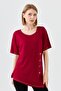 Women's Crew Neck Front Wooden Buttoned Combed Cotton T-shirt Claret Red - 5