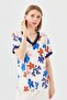 Women's V-neck Colorful Patterned Combed Cotton T-shirt Navy Blue - 6
