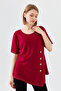 Women's Crew Neck Front Wooden Buttoned Combed Cotton T-shirt Claret Red - 7