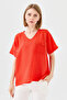 Women's V-Neck Pocket Mesh Linen T-shirt Orange - 6
