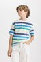 Crew Neck Striped Flamlı Cotton Short Sleeve T-Shirt Boys B6389A824Hs - 3
