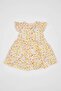 Patterned Short-Sleeved Linen Look Dress Baby Girl C0132A524Sm