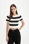 Crop Striped Crew Neck Short Sleeve Knitwear T-Shirt C4408Ax24Sp