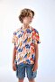 Oversize Wide Fit Polo Collar Patterned Viscose Short Sleeve Shirt Boys C3078A824Sm - 4