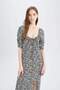 Bodycon Body-Hugging Square Neck Floral Slit Wrinkled Textured Half Sleeve Midi Dress Z5262Az24Sp - 3