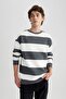 Boxy Fit Crew Neck Striped Woven Label Sweatshirt A9066Ax23Au - 5