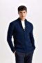 Navy Blue Standard Fit Regular Cut Half Turtleneck Zippered Knitwear Cardigan R1195Az23Wn - 6