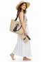 Cat Printed Leather Handle Straw Fabric Printed Beach Bag and Makeup Bag Set of Two - 4