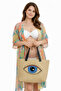 Evil Eye Bead Printed Leather Handle Straw Fabric Printed Beach Bag and Makeup Bag Set of Two - 4