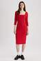 Bodycon Body-Hugging Square Neck Long Sleeve Corded Fabric Ribbed Knit Red Midi Dress Z5267Az23Sp - 2