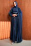 Navy Blue Gathered Waist Stone Evening Dress - 2