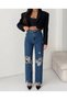 Women's Ripped Knees 100% Cotton Jean Pants - Cut-Off Hem Mom Fit Denim