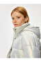 Stand Collar Zippered Shiny Hooded Short down Jacket - 2