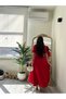 Red Maxi Length Flared Flounce Self-Foulard Short Sleeve Very Stylish Dress - 8