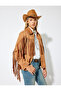 Suede Look Shacket with Tassels, Classic Collar and Buttons