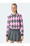 Long Sleeve Crew Neck Diamond Patterned Sweater - 2