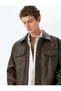 Faux Leather Jacket with Shirt Collar, Flap Pocket Detail, and Snap Buttons